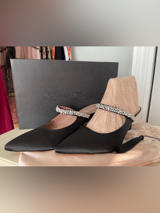 Pnina Tornai Shoes - Pnina Tornai Black Satin Pointed Toe Flats with Crystal Strap